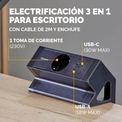 Fellowes Regleta de Sobremesa de 1 Toma - USB-A - USB-C - Cable 2m - Abrazadera para Escritorios de 10 a 45mm - 8.75x15.44x9.7cm