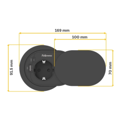 Fellowes Toma Electrica Empotrada para Orificios Pasacables de 60 y 80mm - Schuko - USB-C - Cable 2m - Tapa Protectora Deslizant