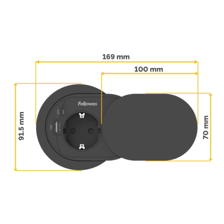 Fellowes Toma Electrica Empotrada para Orificios Pasacables de 60 y 80mm - Schuko - USB-C - Cable 2m - Tapa Protectora Deslizant
