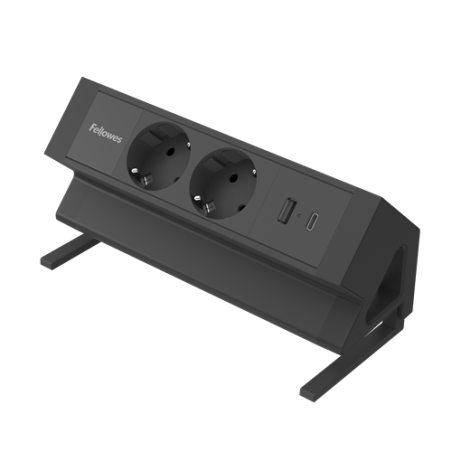 Fellowes Regleta de Sobremesa de 2 Tomas - USB-A - USB-C - Cable 2m - Abrazadera para Escritorios de 10 a 45mm - 8.75x19.64x9.7c