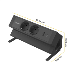 Fellowes Regleta de Sobremesa de 2 Tomas - USB-A - USB-C - Cable 2m - Abrazadera para Escritorios de 10 a 45mm - 8.75x19.64x9.7c