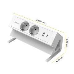 Fellowes Regleta de Sobremesa de 2 Tomas - USB-A - USB-C - Cable 2m - Abrazadera para Escritorios de 10 a 45mm - 19.64x9.7x8.75c
