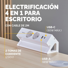 Fellowes Regleta de Sobremesa de 2 Tomas - USB-A - USB-C - Cable 2m - Abrazadera para Escritorios de 10 a 45mm - 19.64x9.7x8.75c