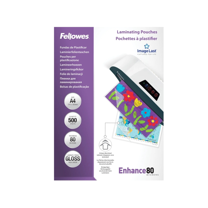 Fellowes Imagelast Pack de 500 Fundas para Plastificar - Formato A4 - Efecto Brillo - 80 micras - Flechas Indicadoras de Direcci