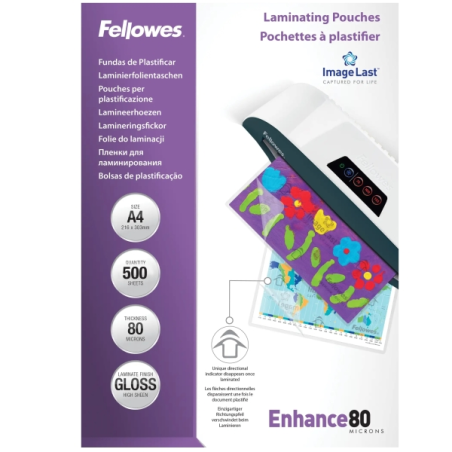 Fellowes Imagelast Pack de 500 Fundas para Plastificar - Formato A4 - Efecto Brillo - 80 micras - Flechas Indicadoras de Direcci