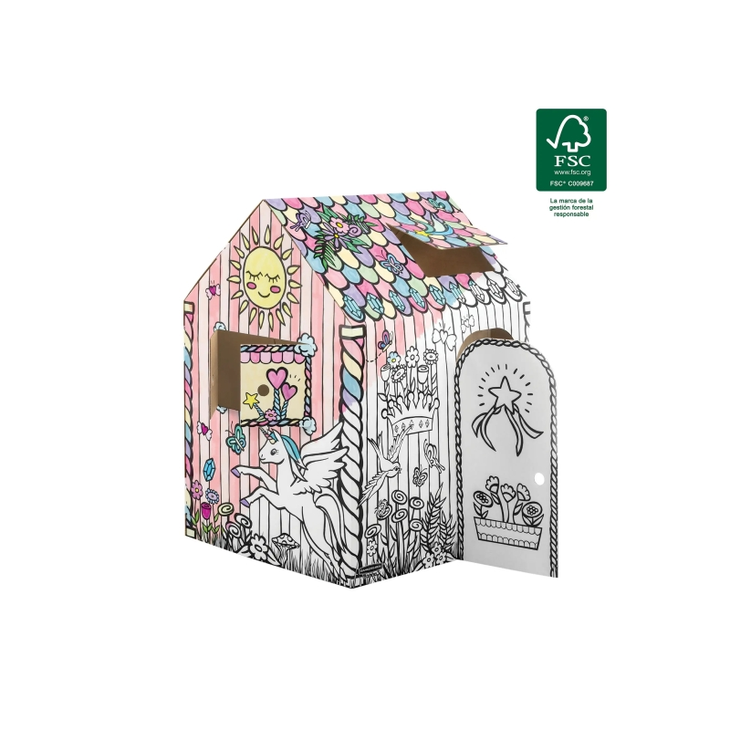 Fellowes Unicornio Casa XL para Pintar - Carton Corrugado FSC - Puertas y Ventanas Interactivas - Bordes Redondeados - Montaje s
