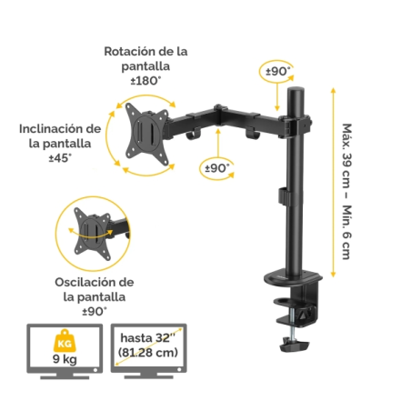 Fellowes Everyday Soporte de Mesa con Brazo Articulado para Monitores hasta 32" y 9kg - Fijacion con Abrazadera o Tornillos - Ge