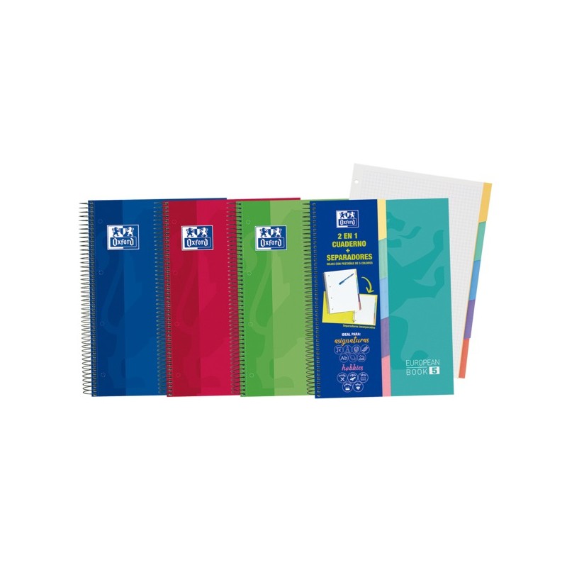 Oxford School Classic A4+ Europeanbook - Couverture extra rigide résistante - 100 feuilles carrées 5x5 - 5 onglets découpés