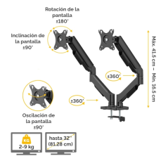 Fellowes Everyday Plus Soporte de Mesa con Brazos para 2 Monitores hasta 32" y 9kg - Muelle a Gas - Fijacion con Abrazadera o To