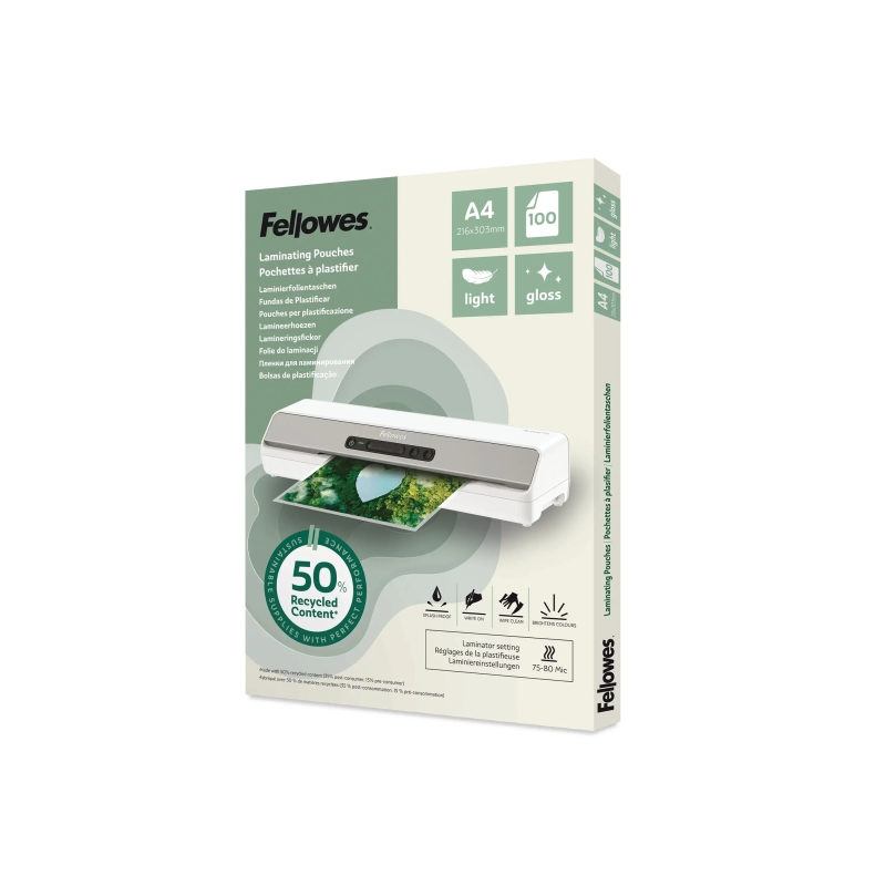 Fellowes Pack de 100 Fundas para Plastificar - Formato A4 - 80 micras - Efecto Brillo - Fabricado con 50% Material Reciclado - T