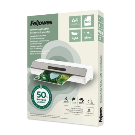 Fellowes Pack de 100 Fundas para Plastificar - Formato A4 - 80 micras - Efecto Brillo - Fabricado con 50% Material Reciclado - T