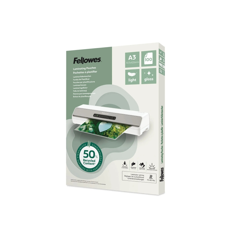 Fellowes Pack de 100 Fundas para Plastificar - Formato A3 - 80 micras - Efecto Brillo - Fabricado con 50% Material Reciclado - T