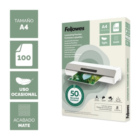 Fellowes Pack de 100 Fundas para Plastificar - Formato A4 - 80 micras - Efecto Mate - Fabricado con 50% Material Reciclado - Tra
