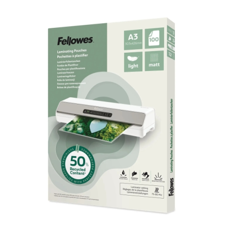 Fellowes Pack de 100 Fundas para Plastificar - Formato A3 - 80 micras - Efecto Mate - Fabricado con 50% Material Reciclado - Tra