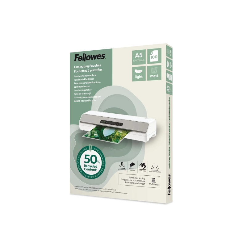 Fellowes Pack de 100 Fundas para Plastificar - Formato A5 - 80 micras - Efecto Mate - Fabricado con 50% Material Reciclado - Tra