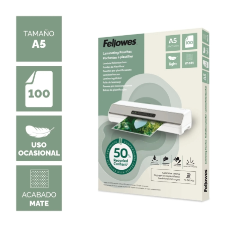 Fellowes Pack de 100 Fundas para Plastificar - Formato A5 - 80 micras - Efecto Mate - Fabricado con 50% Material Reciclado - Tra