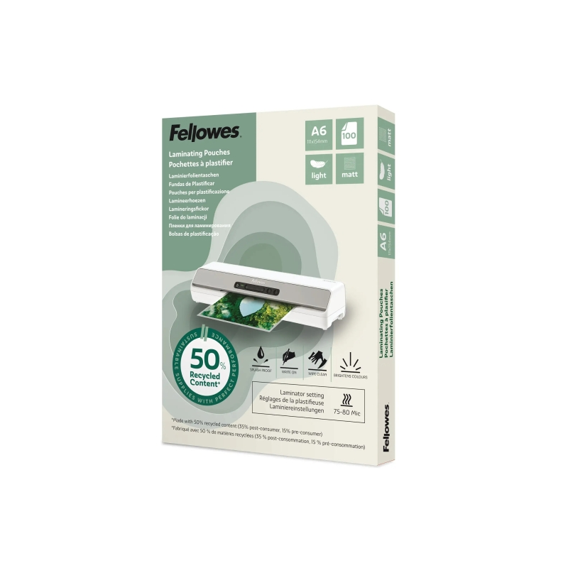 Fellowes Pack de 100 Fundas para Plastificar - Formato A6 - 80 micras - Efecto Mate - Fabricado con 50% Material Reciclado - Tra