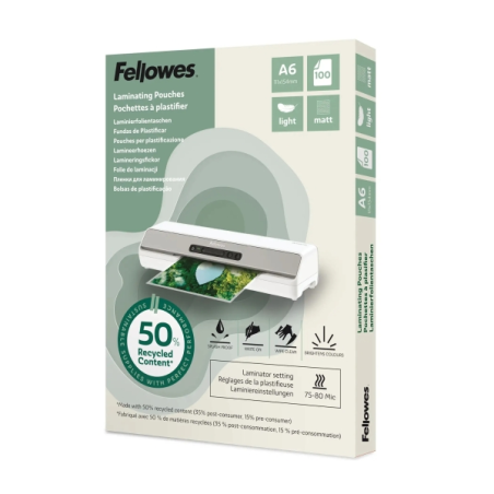 Fellowes Pack de 100 Fundas para Plastificar - Formato A6 - 80 micras - Efecto Mate - Fabricado con 50% Material Reciclado - Tra