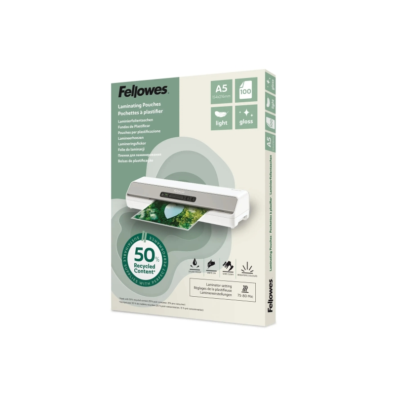 Fellowes Pack de 100 Fundas para Plastificar - Formato A5 - 80 micras - Efecto Brillo - Fabricado con 50% Material Reciclado - T