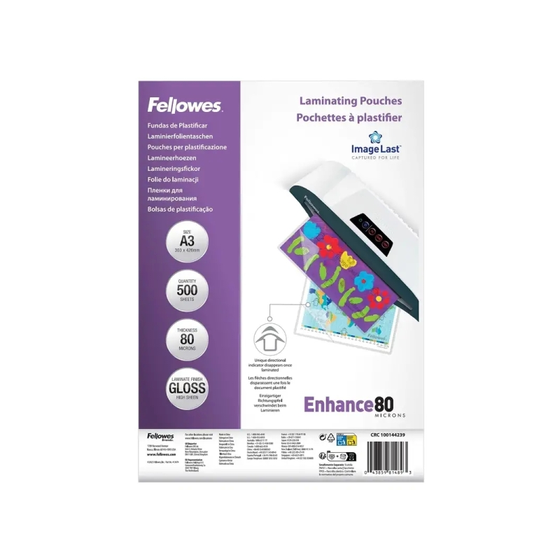 Fellowes Imagelast Pack de 500 Fundas para Plastificar - Formato A3 - Efecto Brillo - 80 micras - Flechas Indicadoras de Direcci