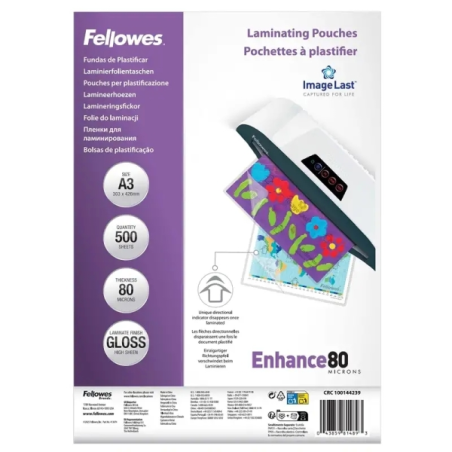 Fellowes Imagelast Pack de 500 Fundas para Plastificar - Formato A3 - Efecto Brillo - 80 micras - Flechas Indicadoras de Direcci