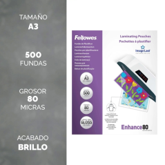 Fellowes Imagelast Pack de 500 Fundas para Plastificar - Formato A3 - Efecto Brillo - 80 micras - Flechas Indicadoras de Direcci