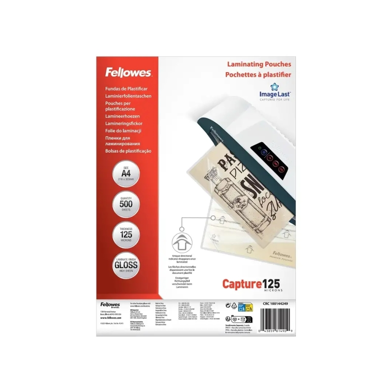 Fellowes Imagelast Pack de 500 Fundas para Plastificar - Formato A4 - Efecto Brillo - 125 micras - Flechas Indicadoras de Direcc