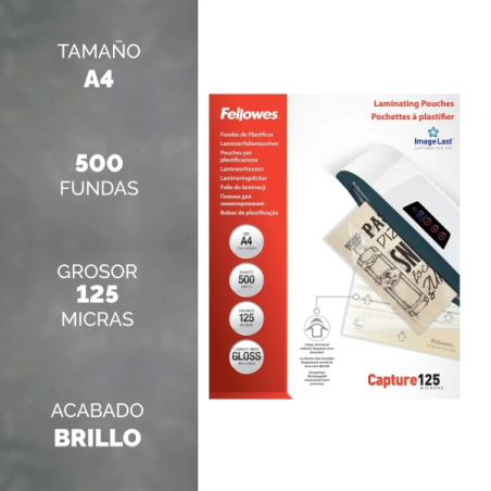 Fellowes Imagelast Pack de 500 Fundas para Plastificar - Formato A4 - Efecto Brillo - 125 micras - Flechas Indicadoras de Direcc