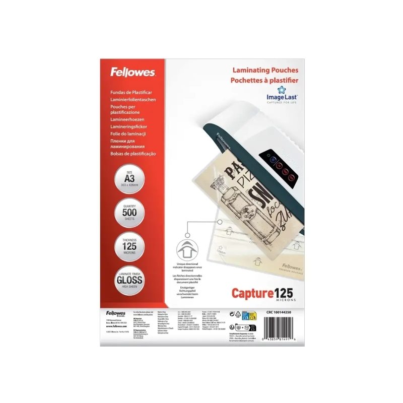 Fellowes Imagelast Pack de 500 Fundas para Plastificar - Formato A3 - Efecto Brillo - 125 micras - Flechas Indicadoras de Direcc