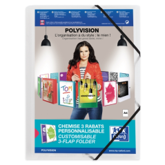 LOT de 12 Chemise Oxford Polyvision A4+ Caoutchouc 3 Rabats - Couverture Plastique Personnalisable - Dos Transparent 30mm