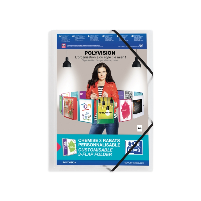 LOT de 12 Chemise Oxford Polyvision A4+ Caoutchouc 3 Rabats - Couverture Plastique Personnalisable - Dos Transparent 30mm