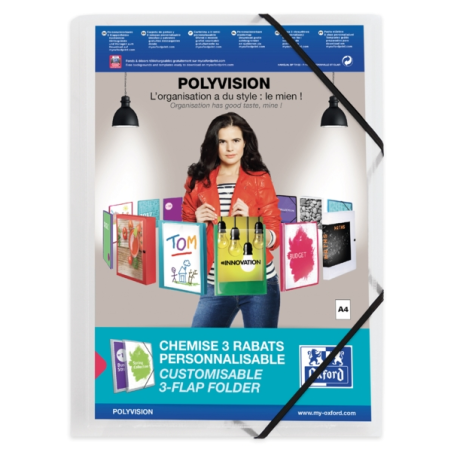 LOT de 12 Chemise Oxford Polyvision A4+ Caoutchouc 3 Rabats - Couverture Plastique Personnalisable - Dos Transparent 30mm