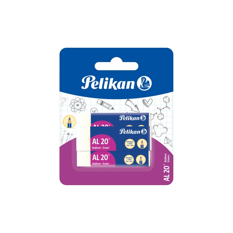 Pelikan AL20 Lot de 3 gommes - Vinyle - Emballage blister - Sans latex - Blanches
