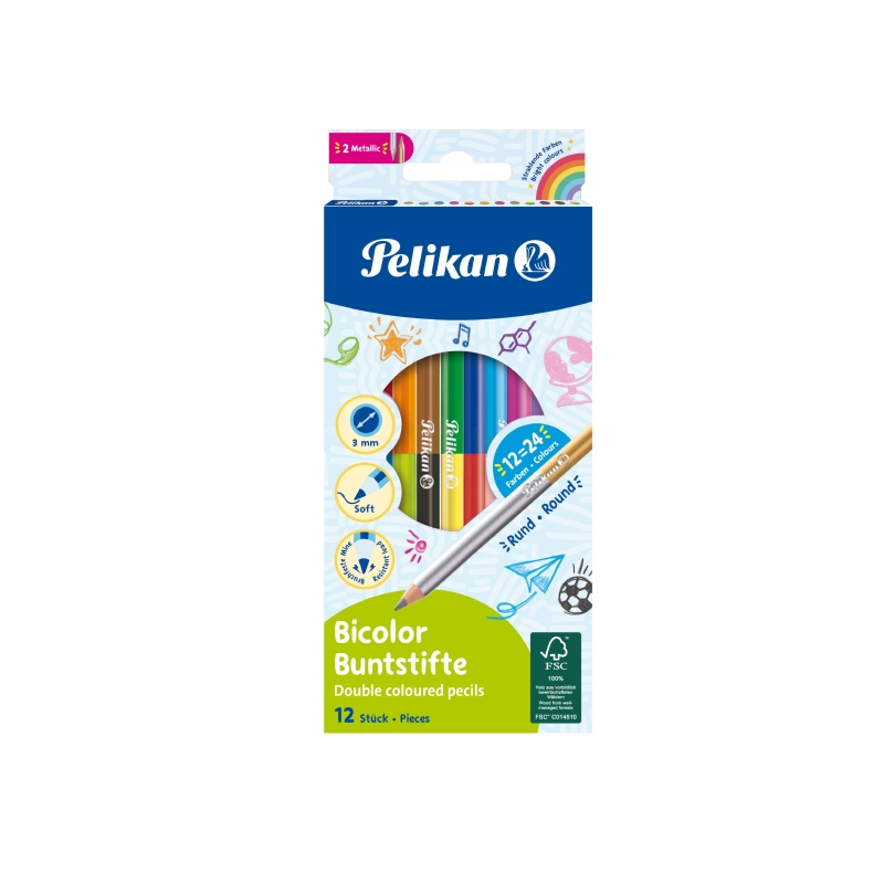 Pelikan Lot de 12 crayons bicolores - Ronds - Mine incassable de 2,9 mm - Lavables - Couleurs assorties