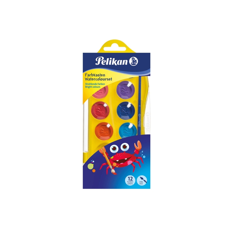 Coffret Pelikan Junior de 12 aquarelles - Comprend 1 pinceau - Faciles à diluer et à mélanger - Non toxiques - Lavables - Couleu