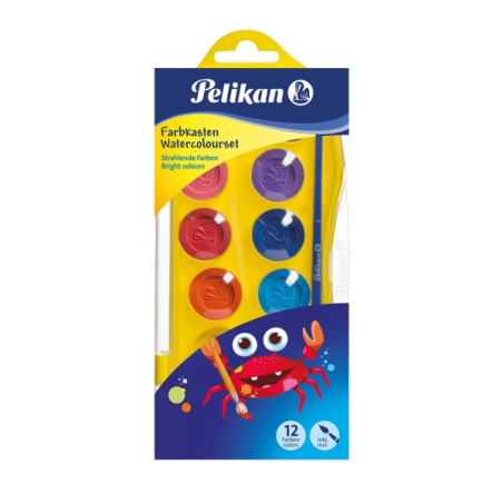 Coffret Pelikan Junior de 12 aquarelles - Comprend 1 pinceau - Faciles à diluer et à mélanger - Non toxiques - Lavables - Couleu