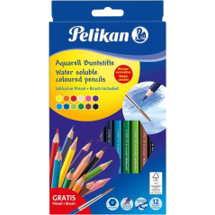 Pelikan Boîte de 12 Crayons Hexagonaux avec Pinceau - Mine Anti-casse - Aquarelle - Pinceau Inclus - FSC