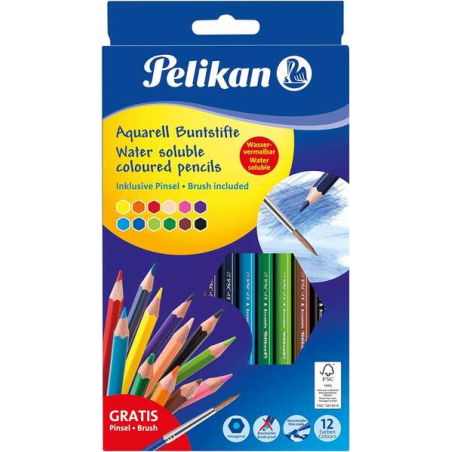 Pelikan Boîte de 12 Crayons Hexagonaux avec Pinceau - Mine Anti-casse - Aquarelle - Pinceau Inclus - FSC