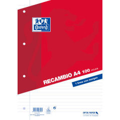 Oxford Recharge Format A4 Horizontal 1 Ligne 4 Trous - 100 Feuilles Libre avec Marge