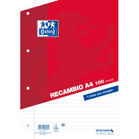 Oxford Recharge Format A4 Horizontal 1 Ligne 4 Trous - 100 Feuilles Libre avec Marge