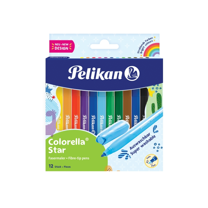 Lot de 12 feutres de couleur Pelikan Colorella Star - Pointe fine - Encre lavable - Prise en main ergonomique - Couleurs vives a