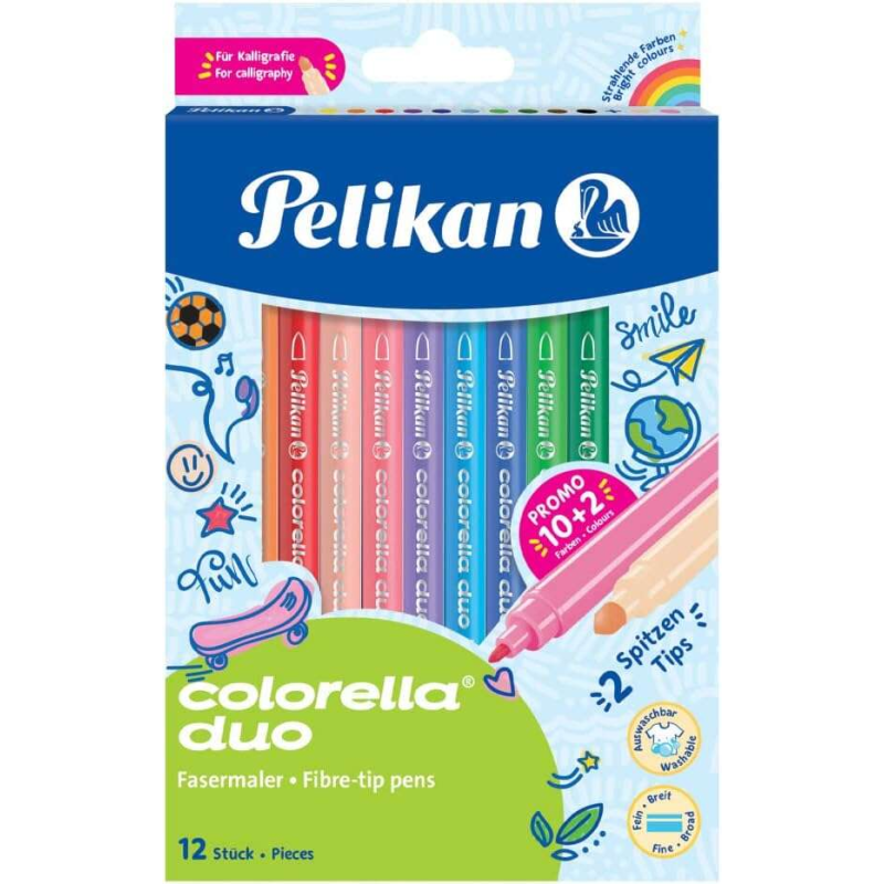Pelikan Boite de 12 Feutres Scolaires Colorella Duo C407 10+2 Couleurs - Double Pointe Fine 1mm et Épaisseur 2mm - Lavable