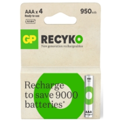 GP ReCyko Pack de 4 Pilas Recargables 950mAh AAA 1.2V - Precargadas - Ciclo de Vida: Hasta 1.000 Veces