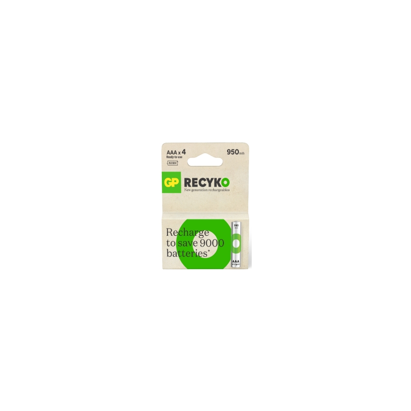 GP ReCyko Pack de 4 Pilas Recargables 950mAh AAA 1.2V - Precargadas - Ciclo de Vida: Hasta 1.000 Veces