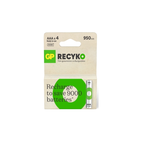 GP ReCyko Pack de 4 Pilas Recargables 950mAh AAA 1.2V - Precargadas - Ciclo de Vida: Hasta 1.000 Veces
