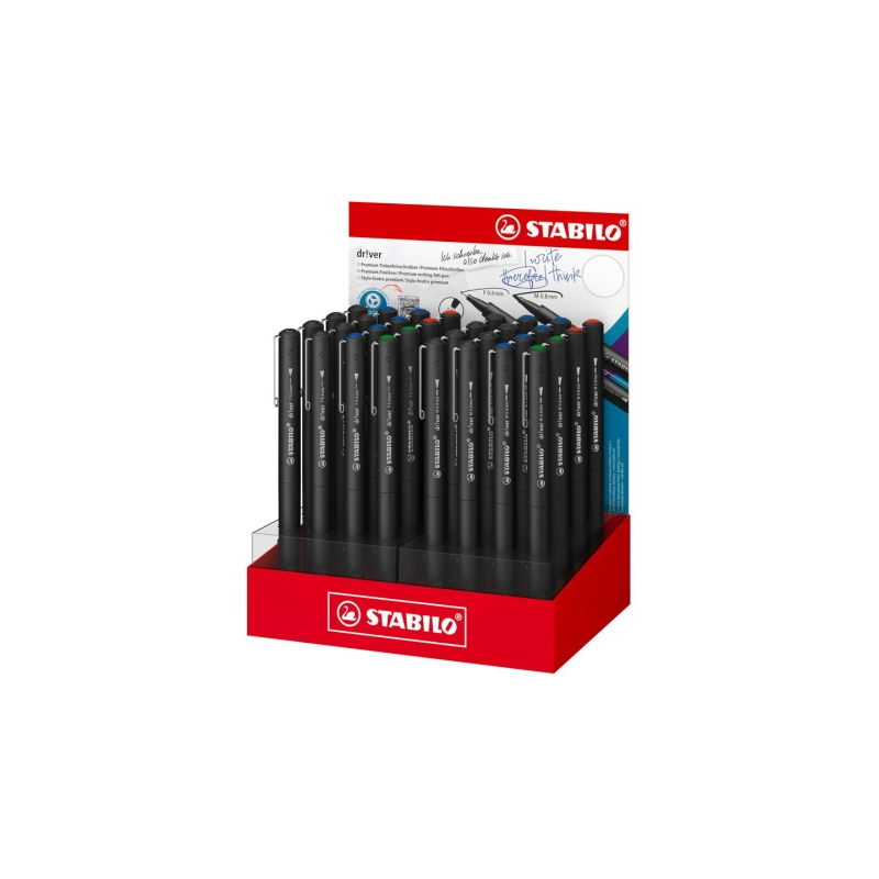 Présentoir Stabilo Dr!ver avec 32 marqueurs assortis, pointe moyenne 0,8 mm et pointe fine 0,4 mm - Encre à base d'eau, anti-bav