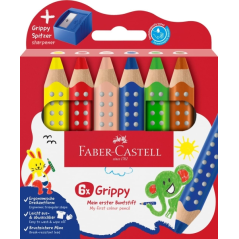 Coffret Faber-Castell Grippy avec 6 crayons de couleur épais, mine tendre XXL + taille-crayon - Forme triangulaire avec grip - C