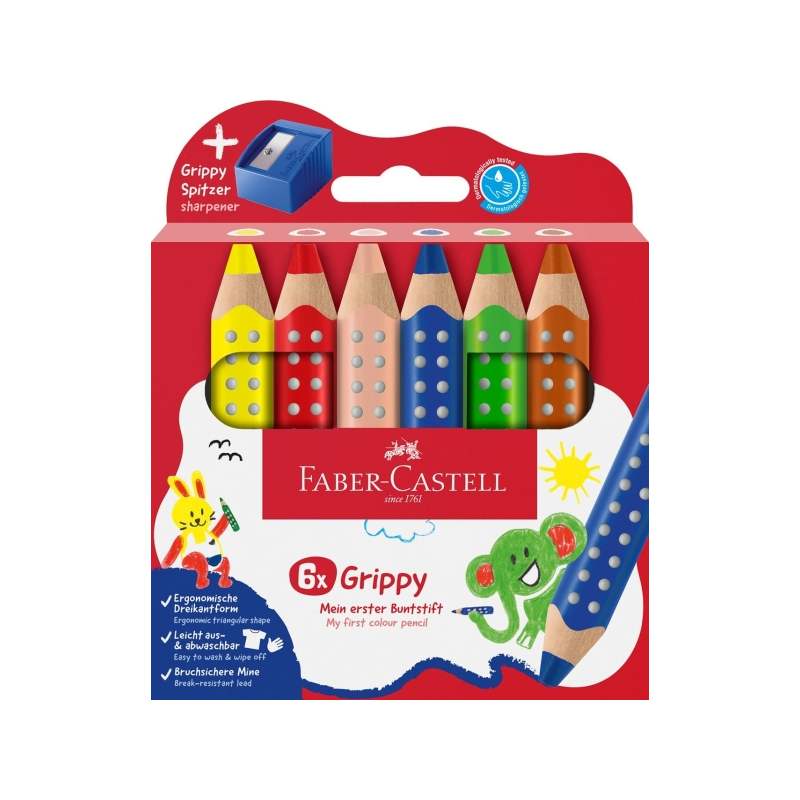 Coffret Faber-Castell Grippy avec 6 crayons de couleur épais, mine tendre XXL + taille-crayon - Forme triangulaire avec grip - C