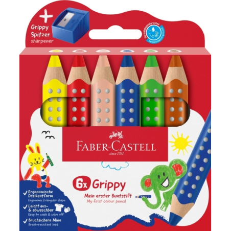 Coffret Faber-Castell Grippy avec 6 crayons de couleur épais, mine tendre XXL + taille-crayon - Forme triangulaire avec grip - C
