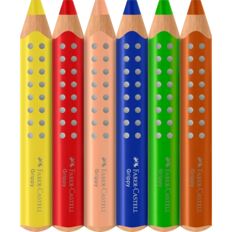 Coffret Faber-Castell Grippy avec 6 crayons de couleur épais, mine tendre XXL + taille-crayon - Forme triangulaire avec grip - C